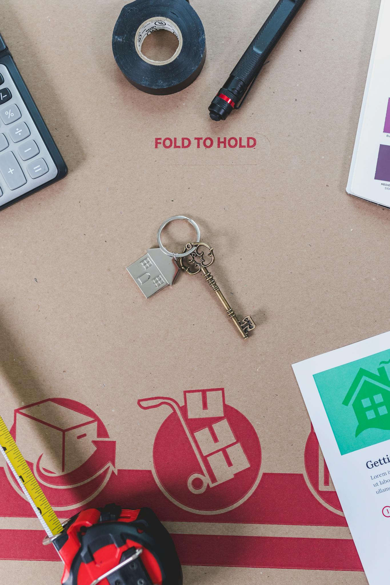 Antique key on moving box surrounded by supplies, symbolizing new home.